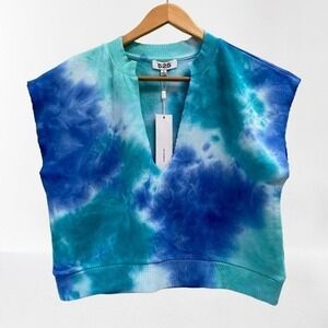 525 America V Neck Cropped French Terry Baja Blue Tie-Dye Muscle Top NEW XS